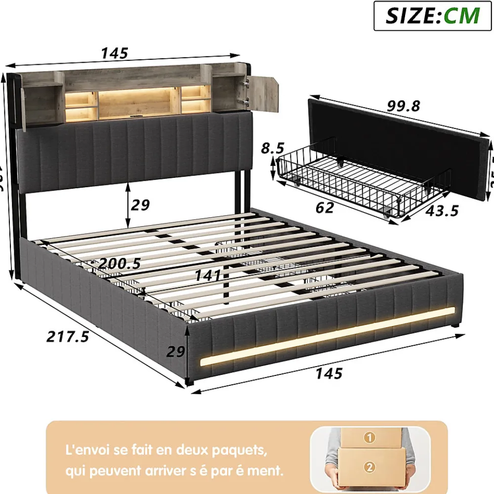 Cadre de lit double gris 140x200 cm, sommier à lattes, rembourré avec tête de lit rangement, 4 tiroirs intégrés et montage facile>Simple Life Sale