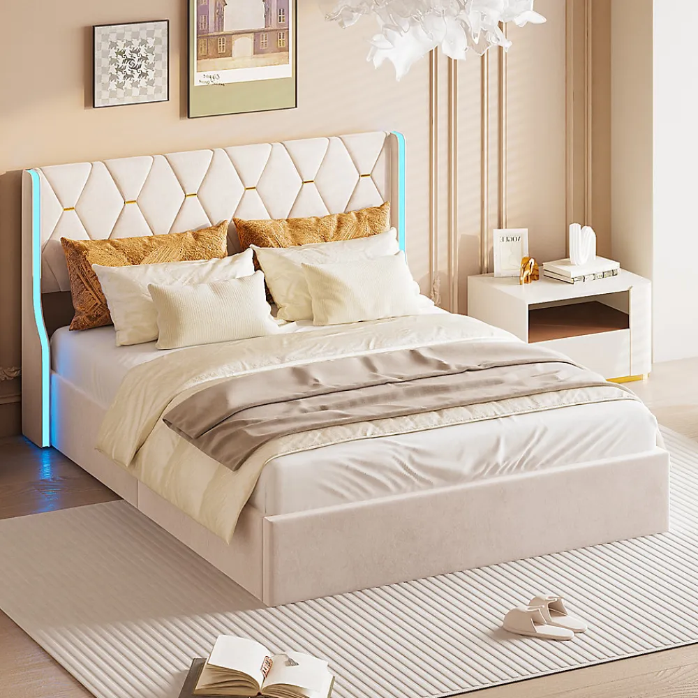 Cadre de lit double gris 140x200 cm, sommier à lattes, rembourré avec tête de lit rangement, 4 tiroirs intégrés et montage facile>Simple Life Sale