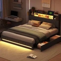 ProximaX Cadre de lit double gris 140x190 cm, sommier à lattes, rembourré avec tête de lit rangement, 4 tiroirs intégrés et montage facile* Lit Coffre