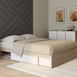 Cadre de lit double SALEM avec rangements et sommier 140 x 190 cm façon hêtre et blanc>IDMarket New