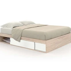 Cadre de lit double SALEM avec rangements et sommier 140 x 190 cm façon hêtre et blanc>IDMarket New