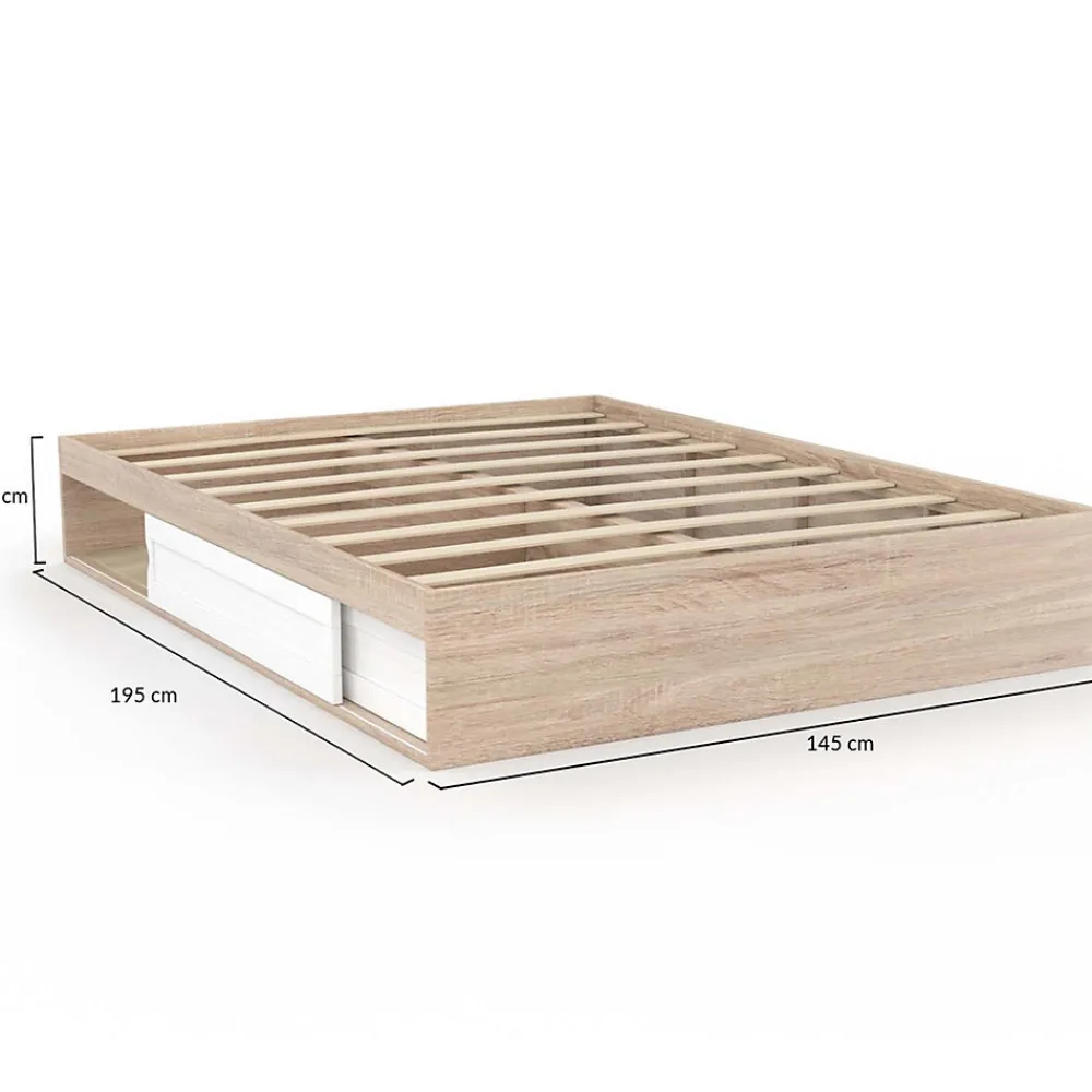 Cadre de lit double SALEM avec rangements et sommier 140 x 190 cm façon hêtre et blanc>IDMarket New