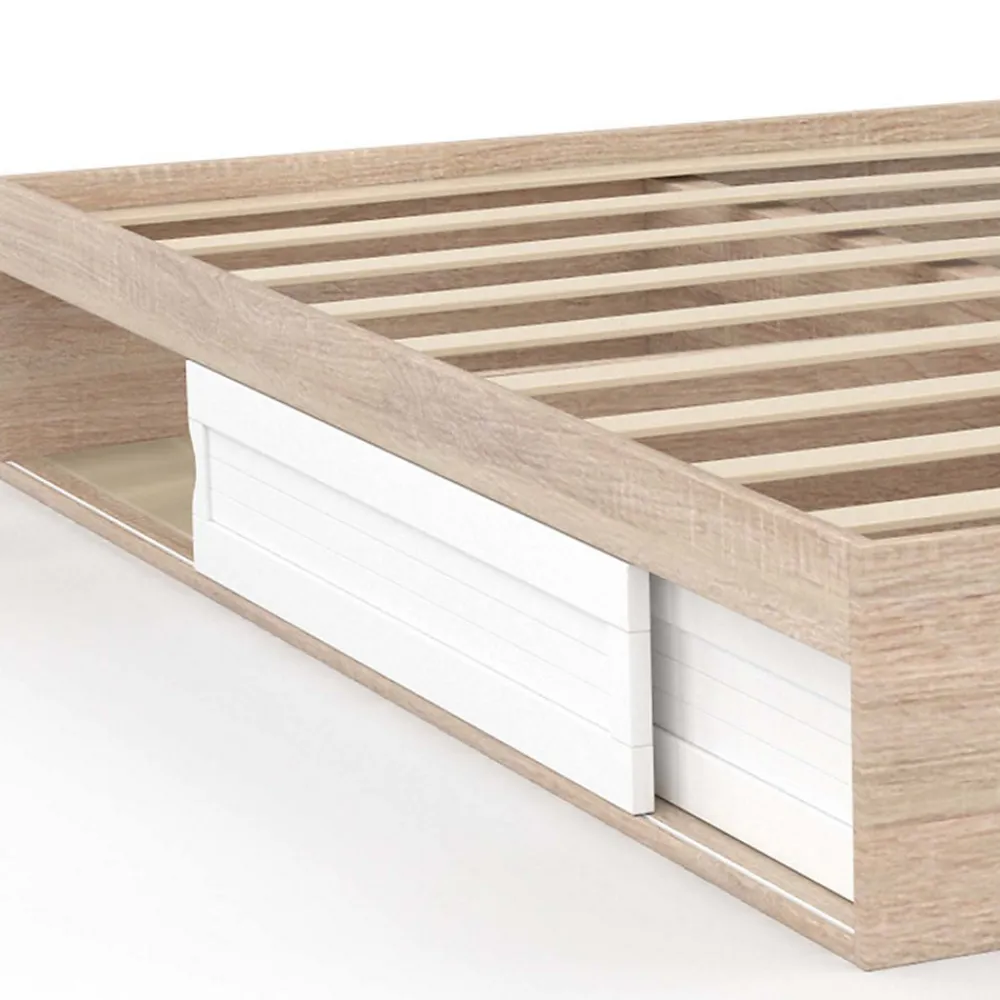 Cadre de lit double SALEM avec rangements et sommier 140 x 190 cm façon hêtre et blanc>IDMarket New
