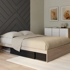Cadre de lit double SALEM avec rangements et sommier 140 x 190 cm façon hêtre et noir>IDMarket Outlet