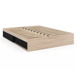 Cadre de lit double SALEM avec rangements et sommier 140 x 190 cm façon hêtre et noir><noscript><img width=