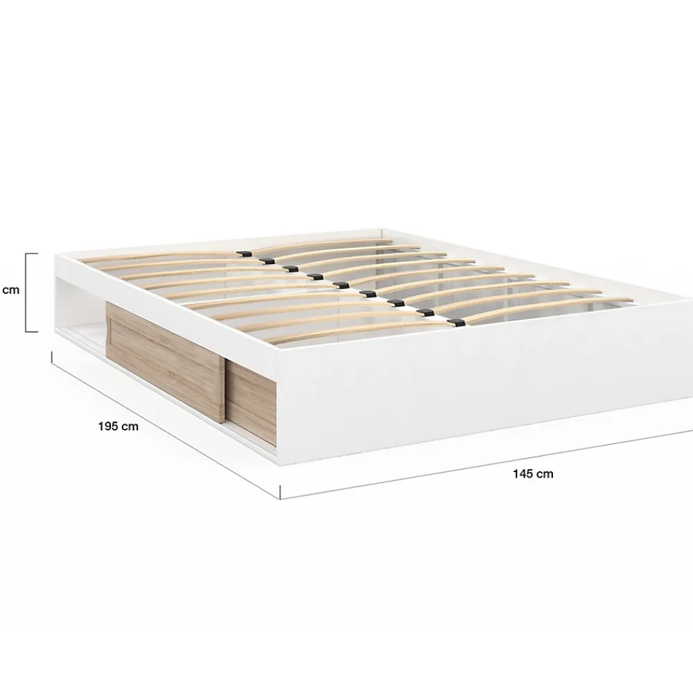 IDMarket Cadre de lit double SALEM avec rangements et sommier 140 x 190 cm blanc et façon hêtre* Lit Avec Rangement