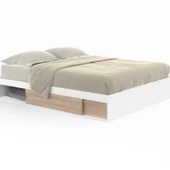 IDMarket Cadre de lit double SALEM avec rangements et sommier 140 x 190 cm blanc et façon hêtre* Lit Avec Rangement