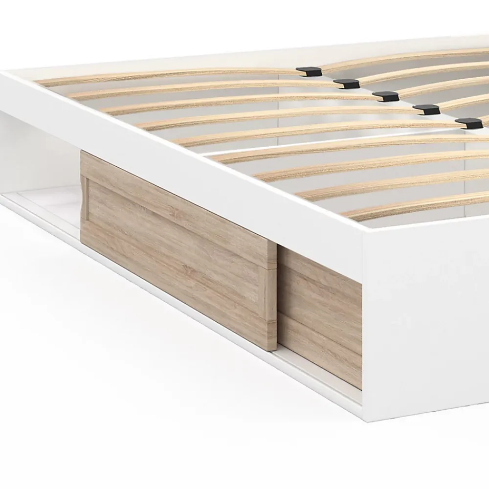 IDMarket Cadre de lit double SALEM avec rangements et sommier 140 x 190 cm blanc et façon hêtre* Lit Avec Rangement