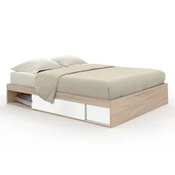 Cadre de lit double SALEM avec rangements et sommier 160 x 200 cm façon hêtre et blanc>IDMarket New
