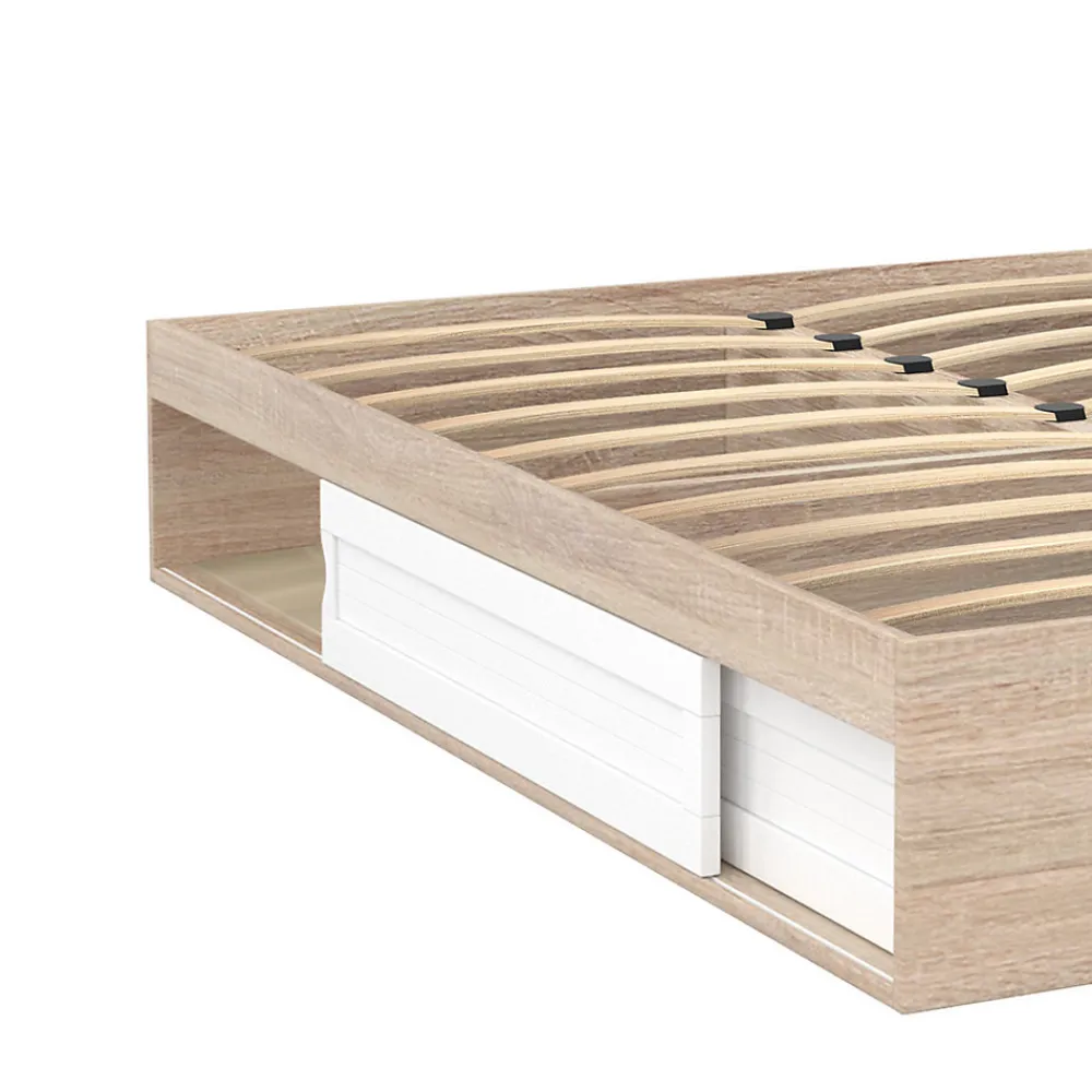 Cadre de lit double SALEM avec rangements et sommier 160 x 200 cm façon hêtre et blanc>IDMarket New