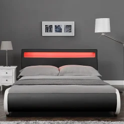 Corium Cadre de lit double Valencia à LED 140x200cm cuir synthétique avec sommier à lattes noir* Lit Double
