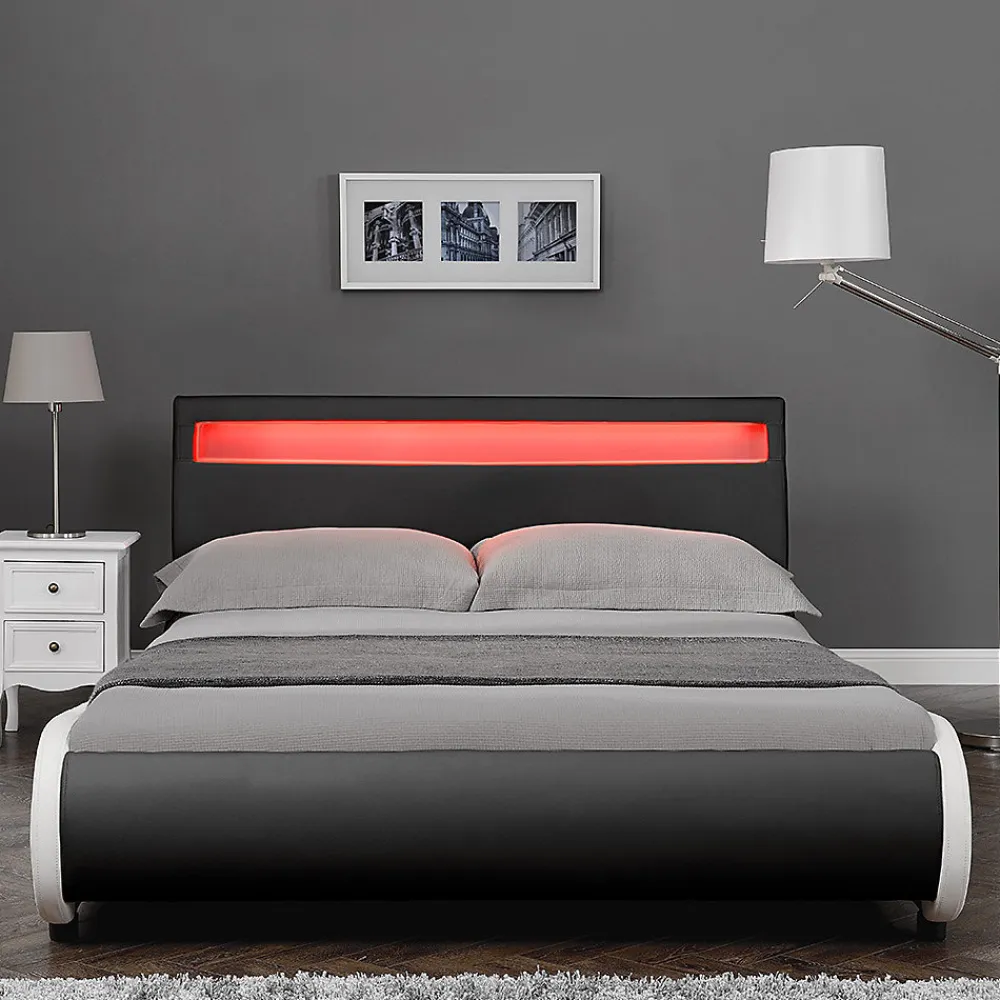 Corium Cadre de lit double Valencia à LED 140x200cm cuir synthétique avec sommier à lattes noir* Lit Double