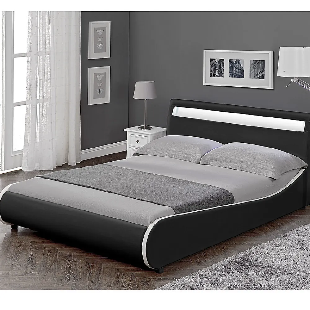 Corium Cadre de lit double Valencia à LED 140x200cm cuir synthétique avec sommier à lattes noir* Lit Double