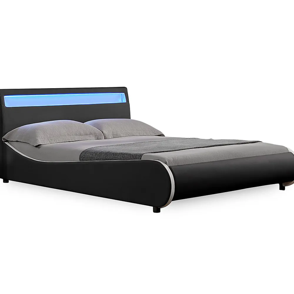 Corium Cadre de lit double Valencia à LED 140x200cm cuir synthétique avec sommier à lattes noir* Lit Double