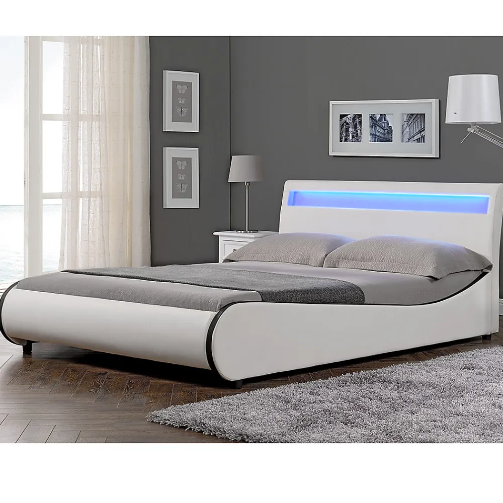 Cadre de lit double Valencia à LED 140x200cm cuir synthétique avec sommier à lattes blanc>Corium Sale