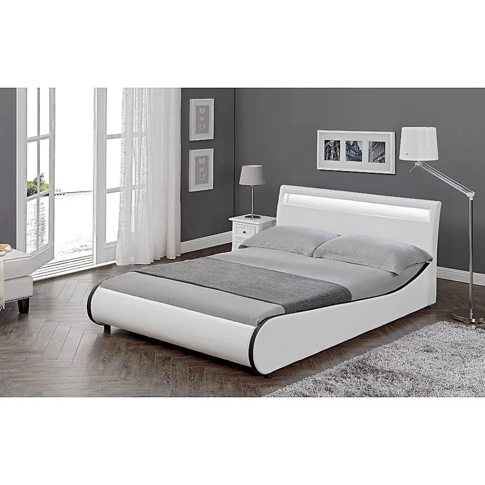 Cadre de lit double Valencia à LED 140x200cm cuir synthétique avec sommier à lattes blanc>Corium Sale