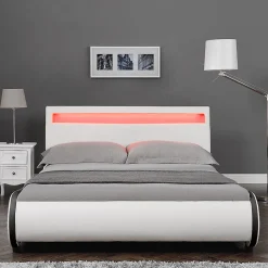 Cadre de lit double Valencia à LED 140x200cm cuir synthétique avec sommier à lattes blanc><noscript><img width=