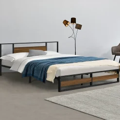 Cadre de Lit Double Villach en Métal 180 x 200 cm Noir Mat Effet Noyer en.casa>[En.Casa] Hot