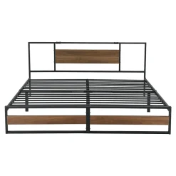Cadre de Lit Double Villach en Métal 180 x 200 cm Noir Mat Effet Noyer en.casa><noscript><img width=