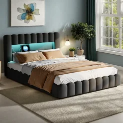 ProximaX Cadre de lit double 180x200 cm gris avec rangement, tissu en lin, LED, tête de lit avec station de charge et sommier à lattes* Lit Coffre