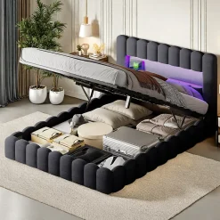 ProximaX Cadre de lit double 180x200 cm gris avec rangement, tissu en lin, LED, tête de lit avec station de charge et sommier à lattes* Lit Coffre