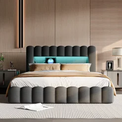 ProximaX Cadre de lit double 180x200 cm gris avec rangement, tissu en lin, LED, tête de lit avec station de charge et sommier à lattes* Lit Coffre