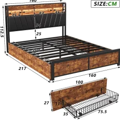 ProximaX Cadre de Lit Double 160x200 cm avec Tiroirs Coulissants et LED, en Métal Noir et Bois, Parfait pour Chambre d'Adultes, USB, noir* Lit Coffre