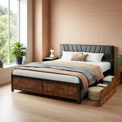 Cadre de Lit Double 160x200 cm avec Tiroirs Coulissants et LED, en Métal Noir et Bois, Parfait pour Chambre d'Adultes, USB, noir>ProximaX Hot