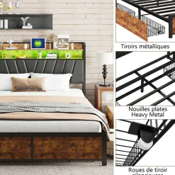 Cadre de Lit Double 160x200 cm avec Tiroirs Coulissants et LED, en Métal Noir et Bois, Parfait pour Chambre d'Adultes, USB, noir><noscript><img width=