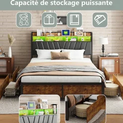 Cadre de Lit Double 160x200 cm avec Tiroirs Coulissants et LED, en Métal Noir et Bois, Parfait pour Chambre d'Adultes, USB, noir><noscript><img width=