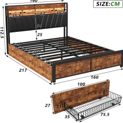 Cadre de Lit Double 160x200 cm avec Tiroirs Coulissants et LED, en Métal Noir et Bois, Parfait pour Chambre d'Adultes, USB, noir><noscript><img width=