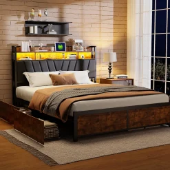 Cadre de Lit Double 160x200 cm avec Tiroirs Coulissants et LED, en Métal Noir et Bois, Parfait pour Chambre d'Adultes, USB, noir><noscript><img width=