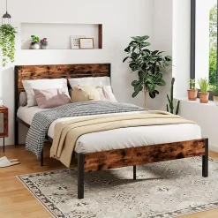 Giantex Cadre de Lit Double 140x200CM, Lit Plateforme avec Tête à Lattes, Pas Besoin de Sommier, Marron Rustique* Lit Double