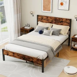 Giantex Cadre de Lit Double 140x200CM, Lit Plateforme avec Tête à Lattes, Pas Besoin de Sommier, Marron Rustique* Lit Double