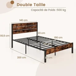 Giantex Cadre de Lit Double 140x200CM, Lit Plateforme avec Tête à Lattes, Pas Besoin de Sommier, Marron Rustique* Lit Double