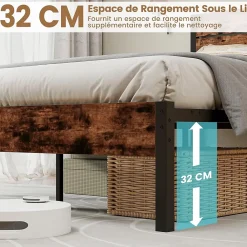 Giantex Cadre de Lit Double 140x200CM, Lit Plateforme avec Tête à Lattes, Pas Besoin de Sommier, Marron Rustique* Lit Double