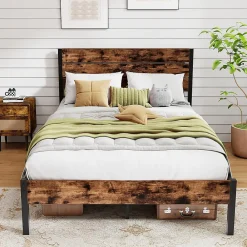 Giantex Cadre de Lit Double 140x200CM, Lit Plateforme avec Tête à Lattes, Pas Besoin de Sommier, Marron Rustique* Lit Double