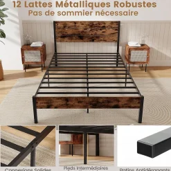 Giantex Cadre de Lit Double 140x200CM, Lit Plateforme avec Tête à Lattes, Pas Besoin de Sommier, Marron Rustique* Lit Double