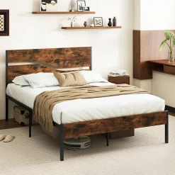 Giantex Cadre de Lit Double 140x200CM,avec Tête, Lattes en Métal,Espace de Rangement,Pas de Sommier Nécessaire,Brun Rustique,Charge 360KG* Sommier