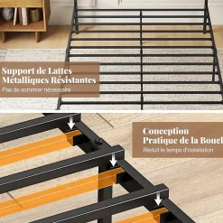 Giantex Cadre de Lit Double 140x200CM,avec Tête, Lattes en Métal,Espace de Rangement,Pas de Sommier Nécessaire,Brun Rustique,Charge 360KG* Sommier