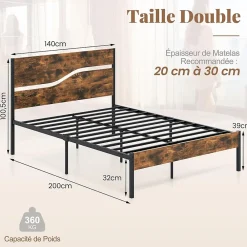 Giantex Cadre de Lit Double 140x200CM,avec Tête, Lattes en Métal,Espace de Rangement,Pas de Sommier Nécessaire,Brun Rustique,Charge 360KG* Sommier