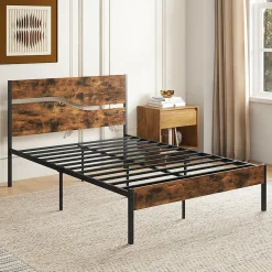 Giantex Cadre de Lit Double 140x200CM,avec Tête, Lattes en Métal,Espace de Rangement,Pas de Sommier Nécessaire,Brun Rustique,Charge 360KG* Sommier