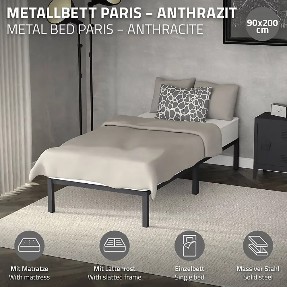 Ml-Design Cadre de lit en acier anthracite 90x200 cm avec sommier à lattes matelas H16 cm* Sommier