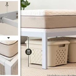 Cadre De Lit En Acier Avec Espace De Rangement - Montage Facile - 200x200 Cm Blanc><noscript><img data-lazyloaded=