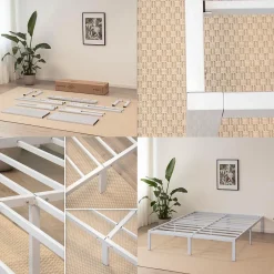 Cadre De Lit En Acier Avec Espace De Rangement - Montage Facile - 200x200 Cm Blanc><noscript><img data-lazyloaded=