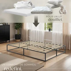 Cadre de lit en acier sommier à lattes en bois de peuplier 200x140cm><noscript><img width=