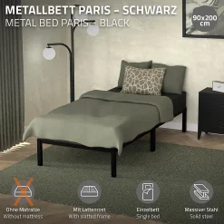 Ml-Design Cadre de lit en acier sommier à lattes noir moderne chambre à coucher 90x200 cm* Lit Simple