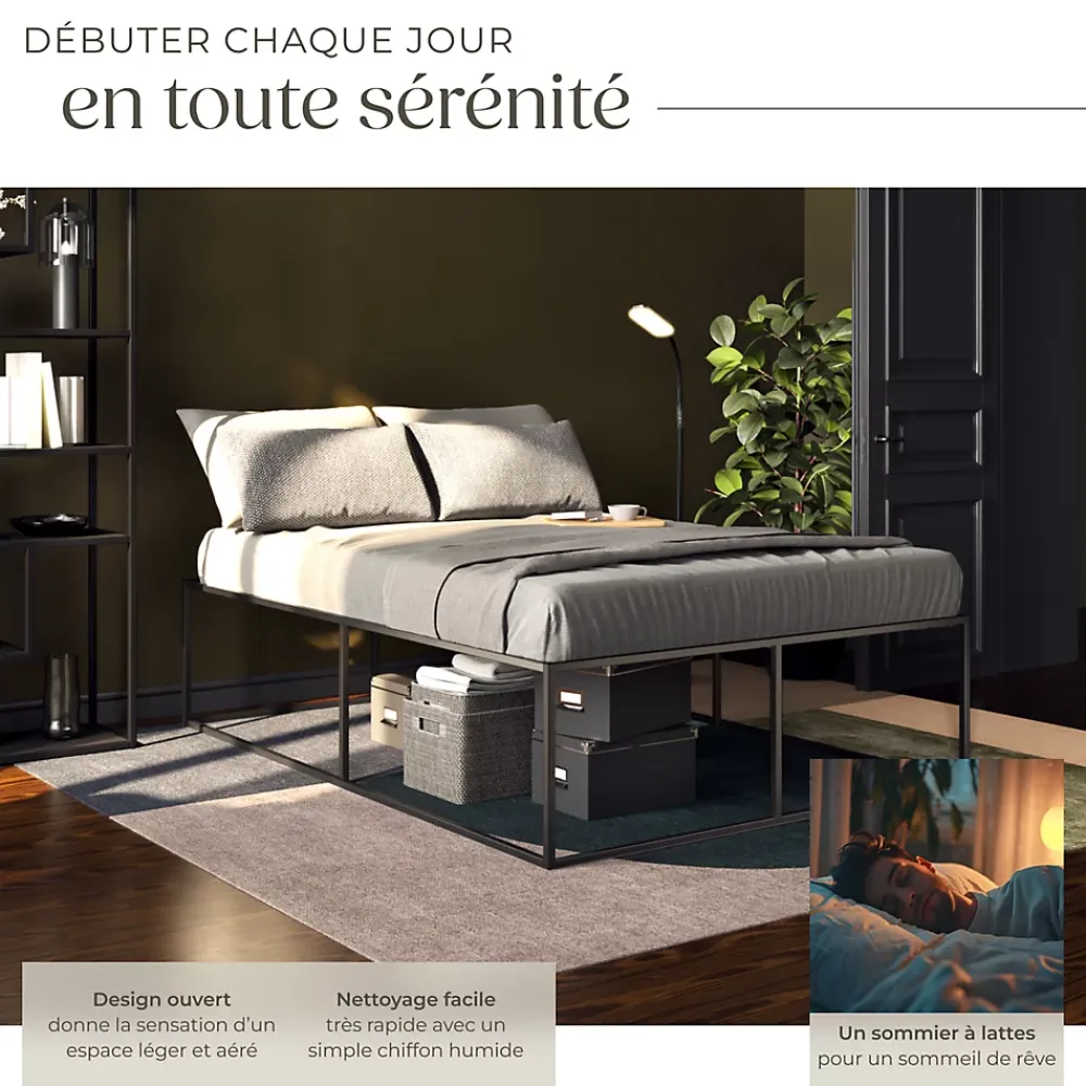 Tectake Cadre de lit en acier sommier à lattes en bois de peuplier 200x140cm* Lit Double