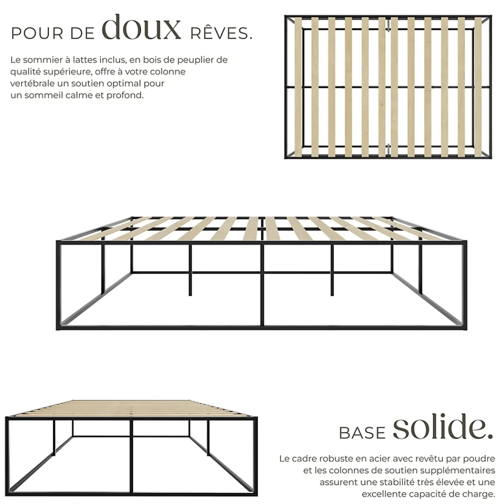 Tectake Cadre de lit en acier sommier à lattes en bois de peuplier 200x140cm* Lit Double