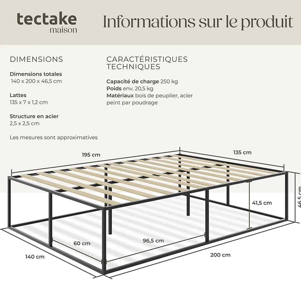 Tectake Cadre de lit en acier sommier à lattes en bois de peuplier 200x140cm* Lit Double